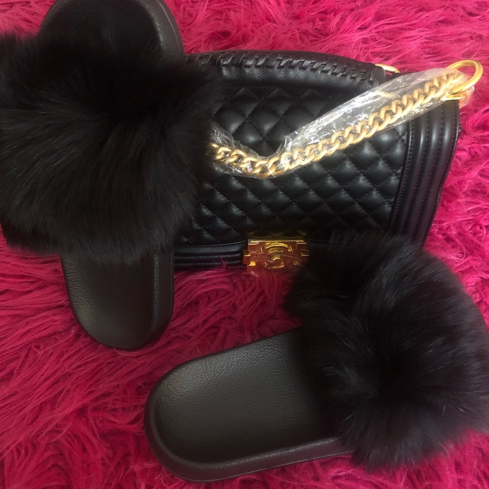 Furry slides,colorful & solid bags.